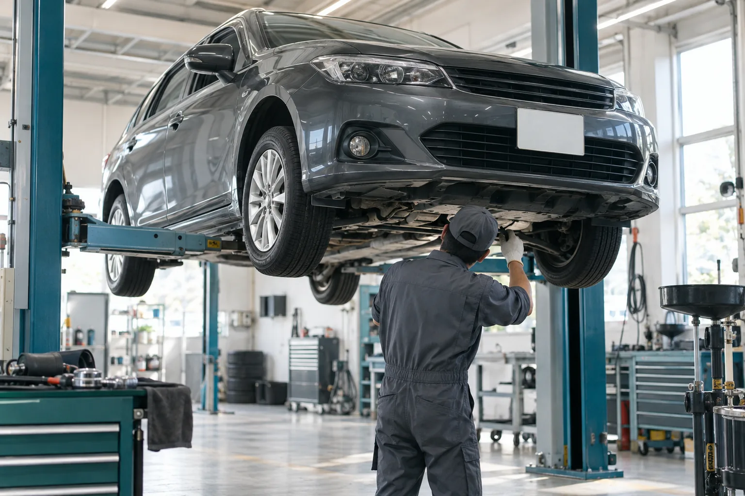 整備工場で点検中の乗用車